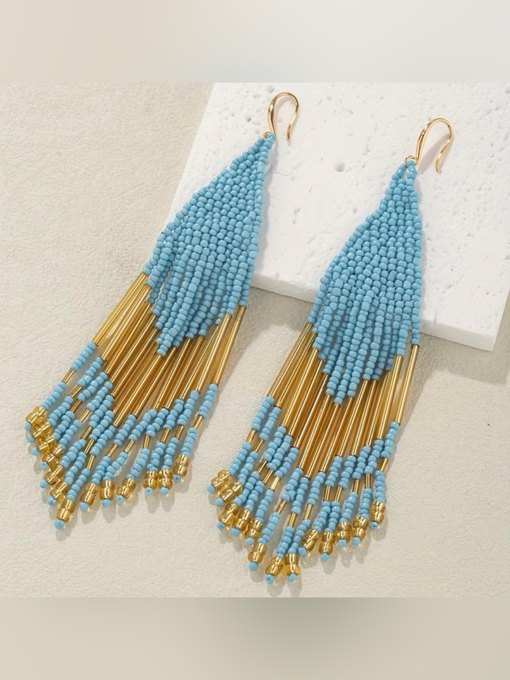 Rare Anthropologie Turquoise Beaded Statement Earrings Gold Tone Boho Dangle - Picture 2 of 4